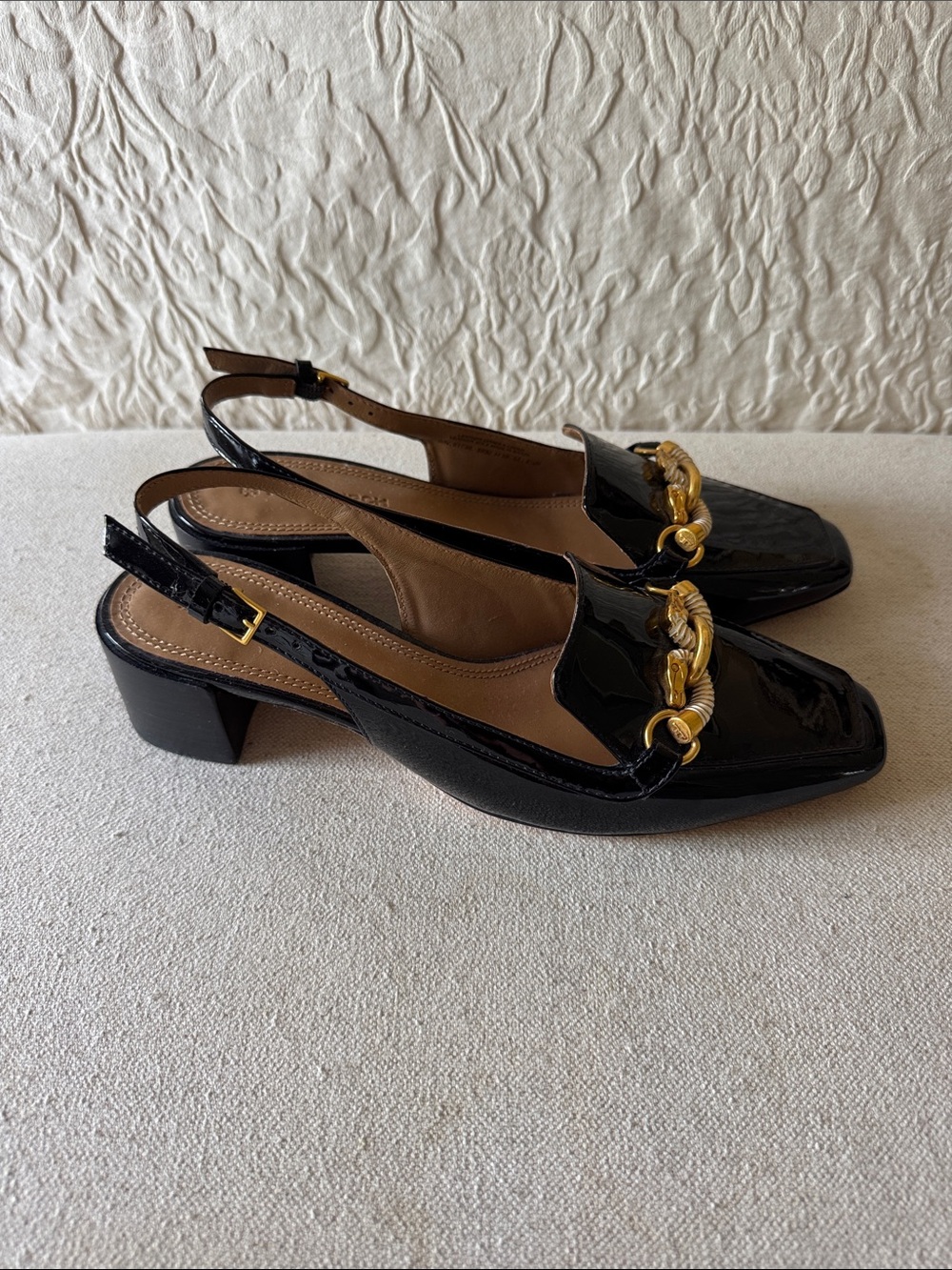 Tory Burch Black Patent Leather Slingback Loafers with Gold Chain Detail - Picture 3 of 3